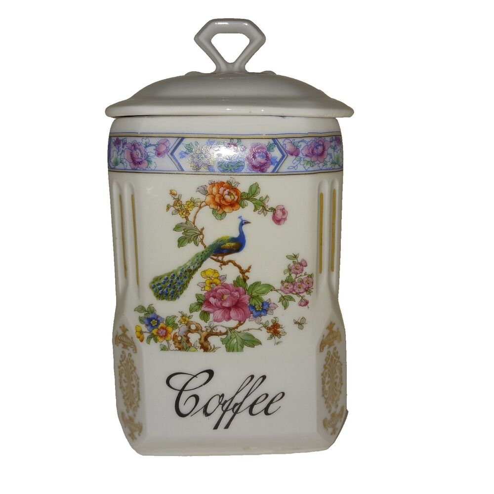 Vintage Victoria China Czechoslovakia Peacock Coffee Canister with Lid Gold Trim
